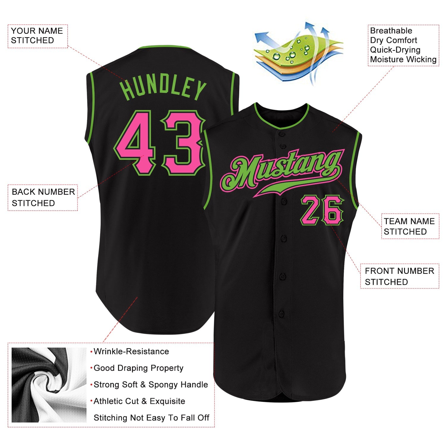 Custom Black Pink-Neon Green Authentic Sleeveless Baseball Jersey view 2