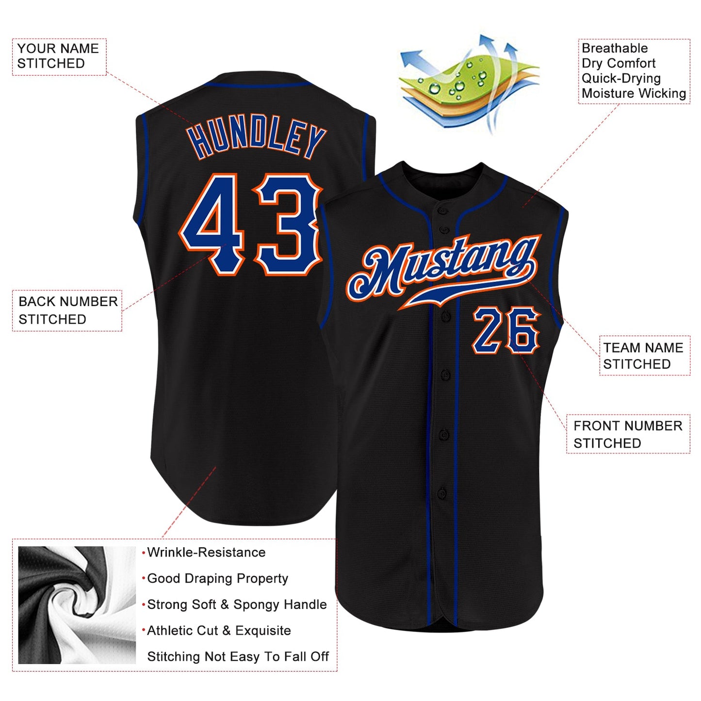 Custom Black Royal-Orange Authentic Sleeveless Baseball Jersey view 2