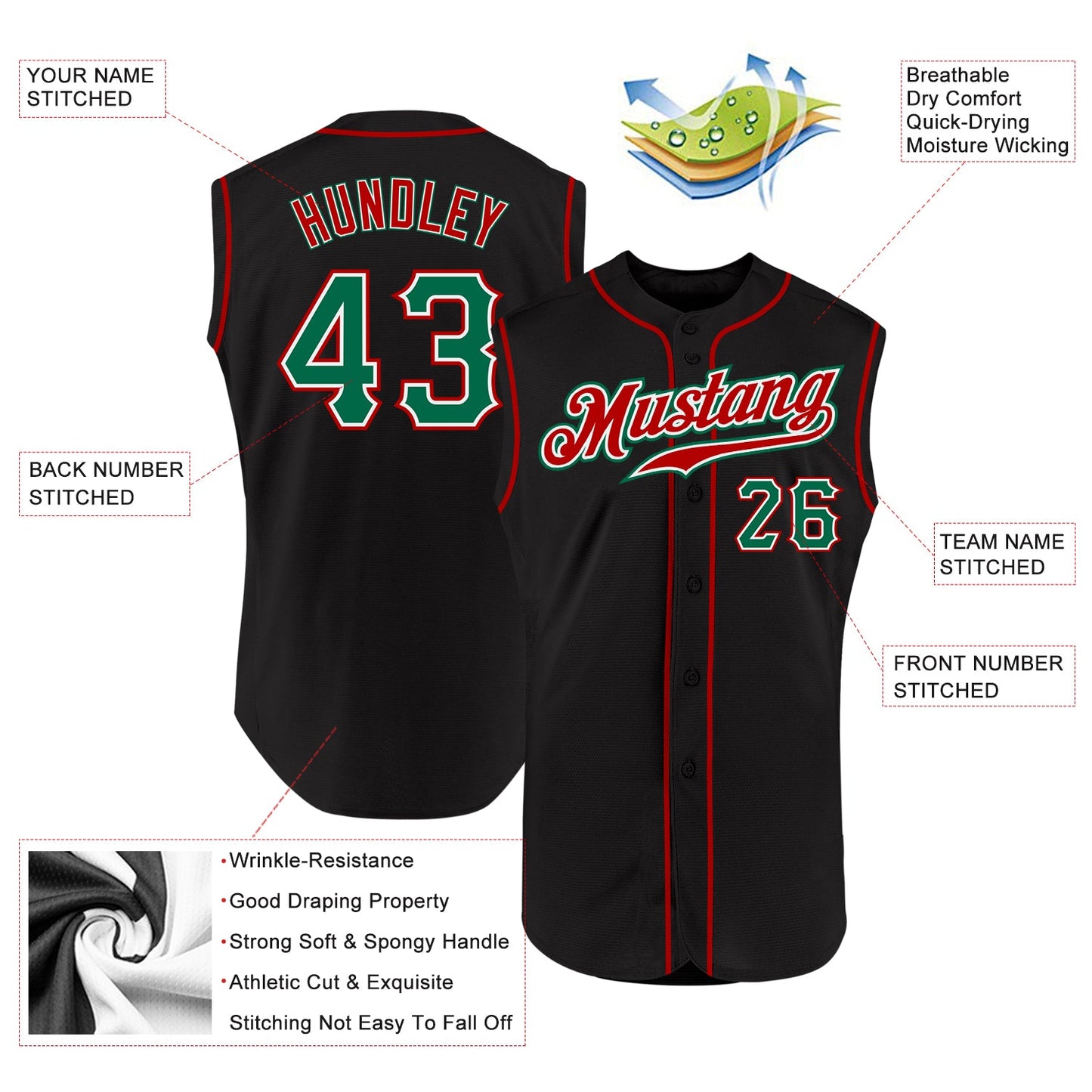 Custom Black Kelly Green-Red Authentic Sleeveless Baseball Jersey view 2