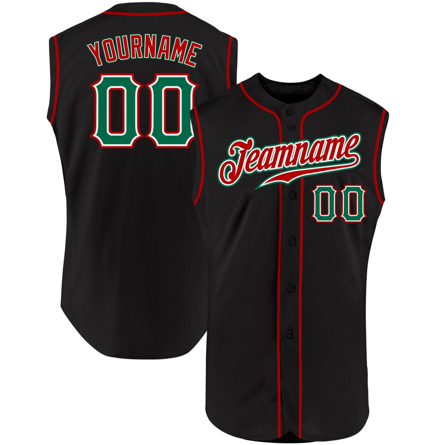 Custom Black Kelly Green-Red Authentic Sleeveless Baseball Jersey - Main View