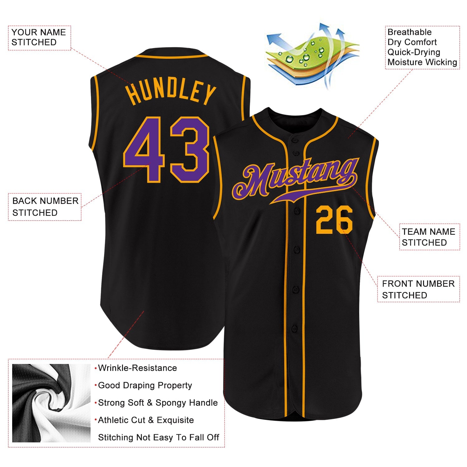 Custom Black Purple-Gold Authentic Sleeveless Baseball Jersey view 2