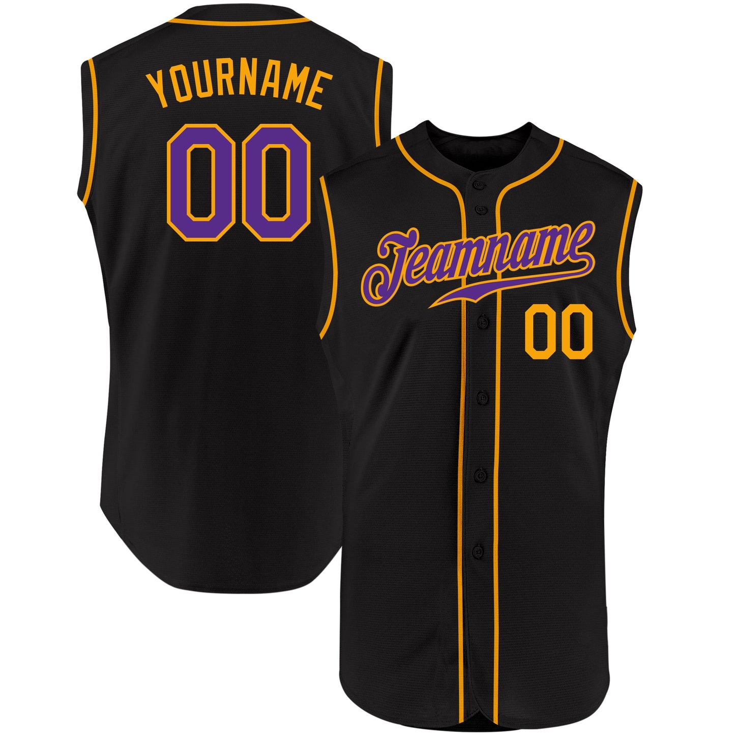 Custom Black Purple-Gold Authentic Sleeveless Baseball Jersey - Main View