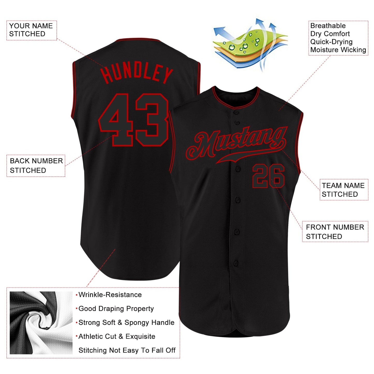 Custom Black Black-Red Authentic Sleeveless Baseball Jersey view 2