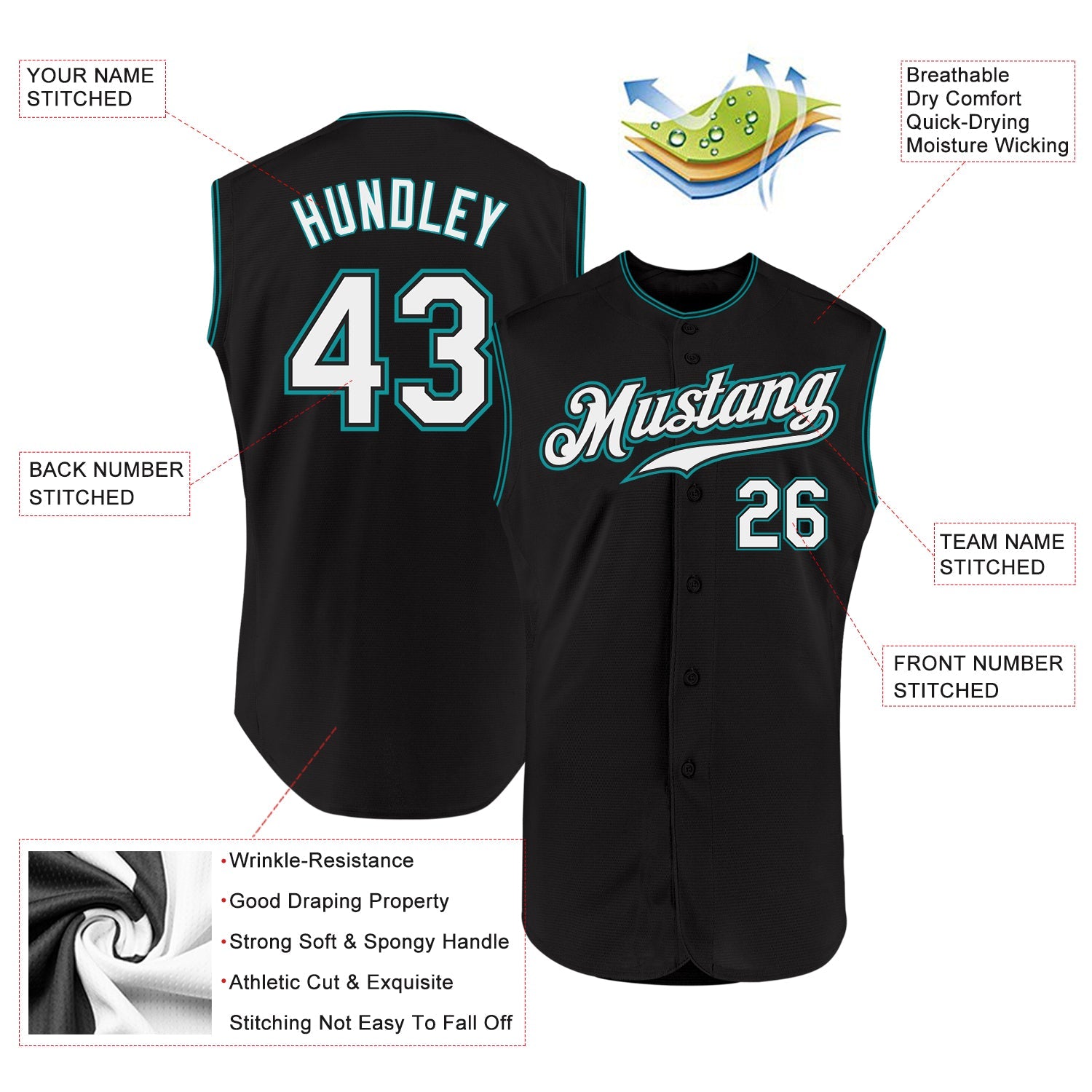 Custom Black White-Teal Authentic Sleeveless Baseball Jersey view 2