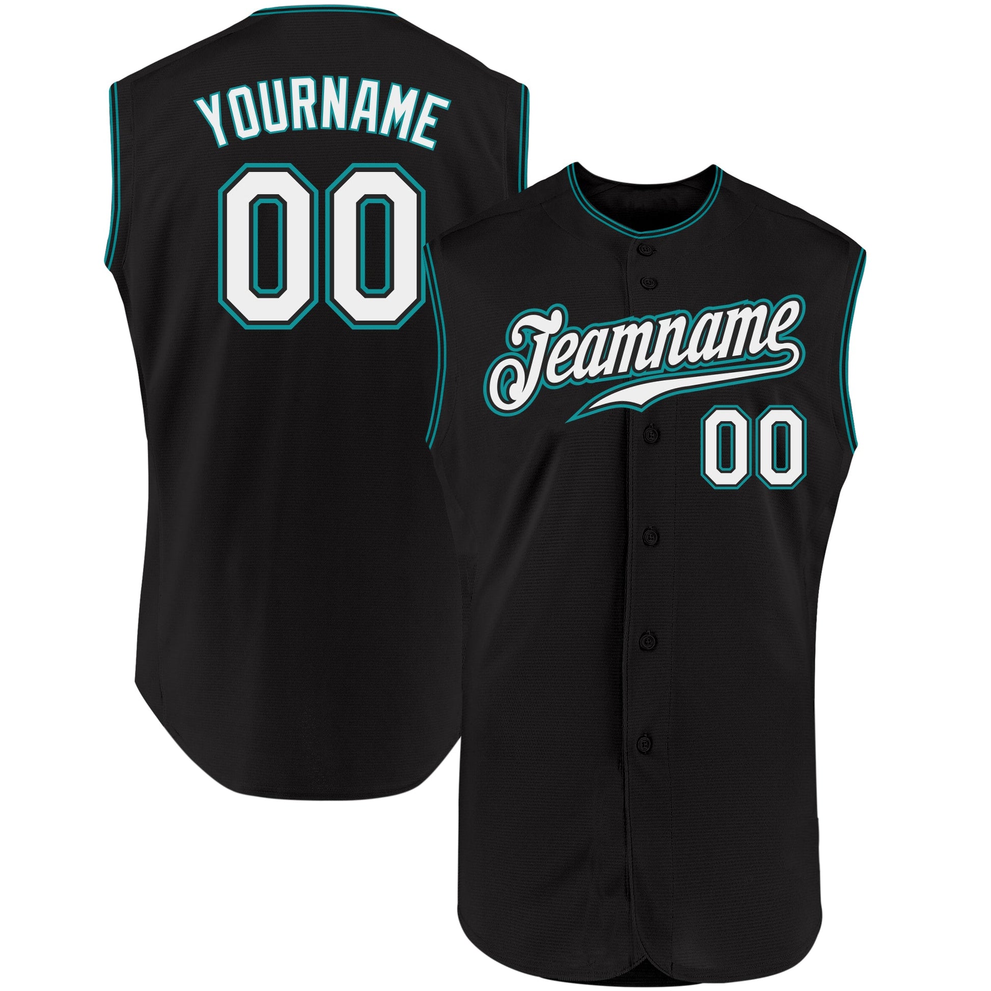 Custom Black White-Teal Authentic Sleeveless Baseball Jersey - Main View