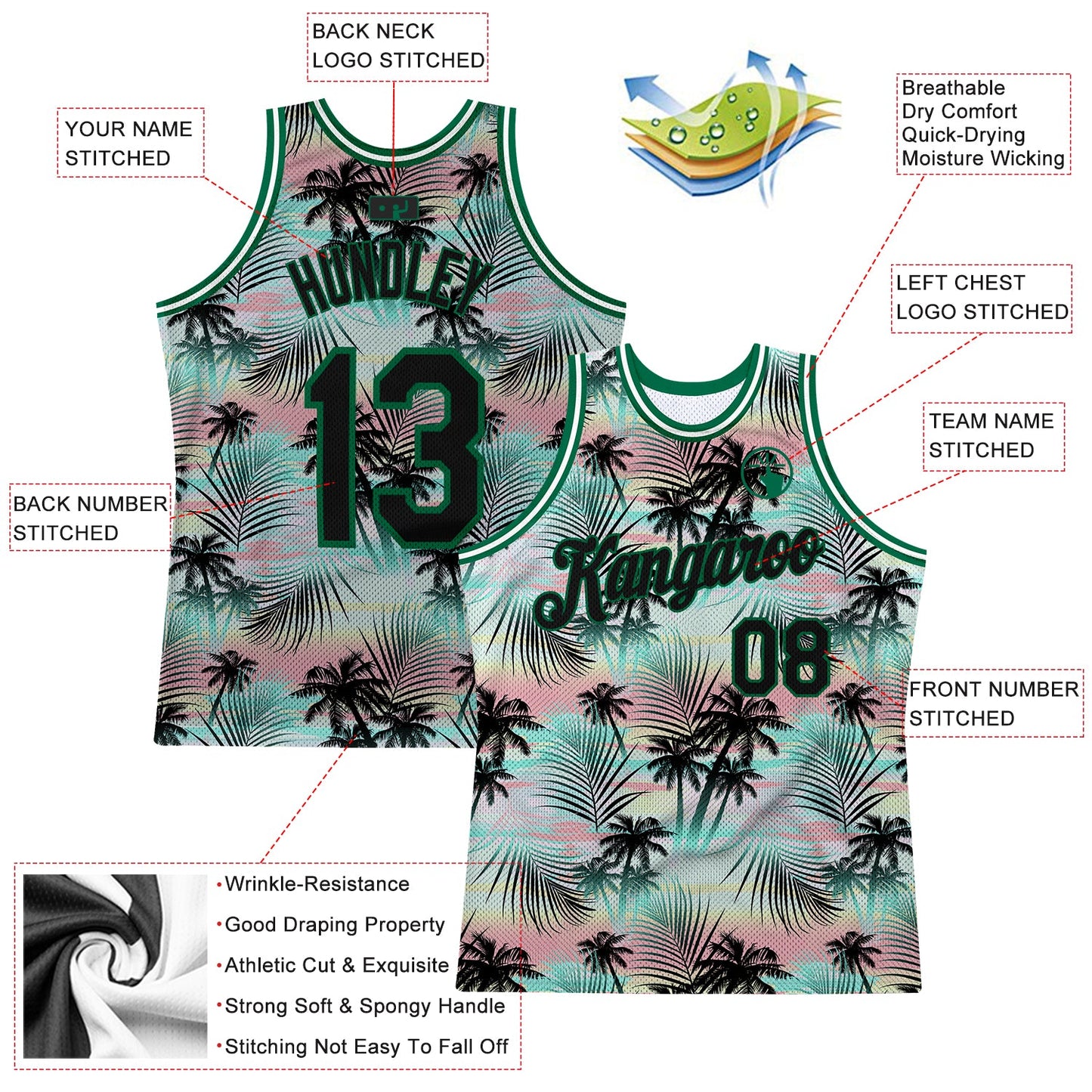 Custom Black Black-Kelly Green 3D Pattern Tropical Hawaii Palm Leaves Authentic Basketball Jersey view 2