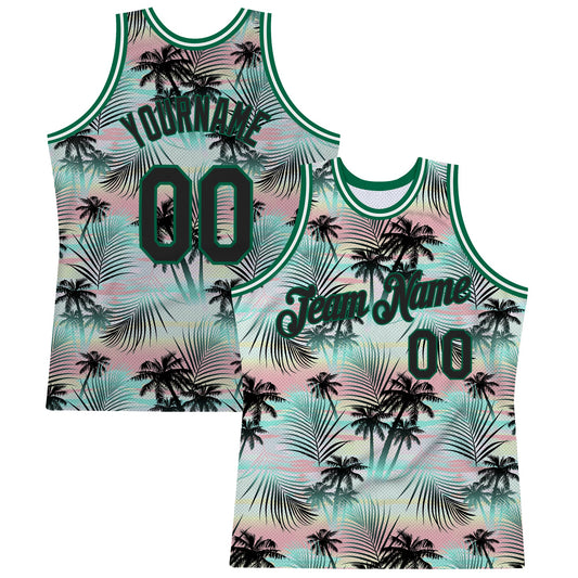Custom Black Black-Kelly Green 3D Pattern Tropical Hawaii Palm Leaves Authentic Basketball Jersey - Main View
