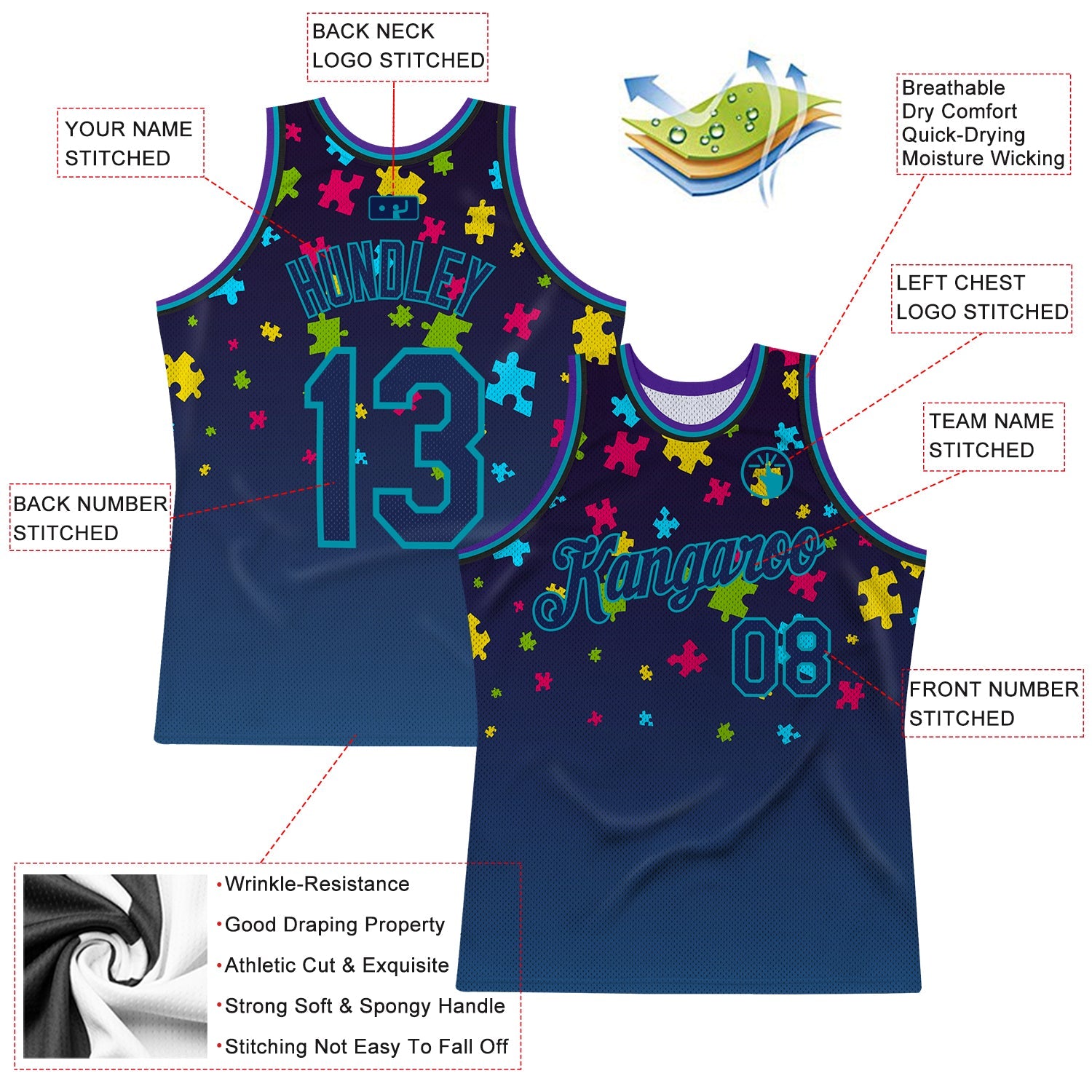 Custom Black Navy-Teal 3D Pattern Design Autism Supporter Awareness Puzzle Pieces Authentic Basketball Jersey view 2