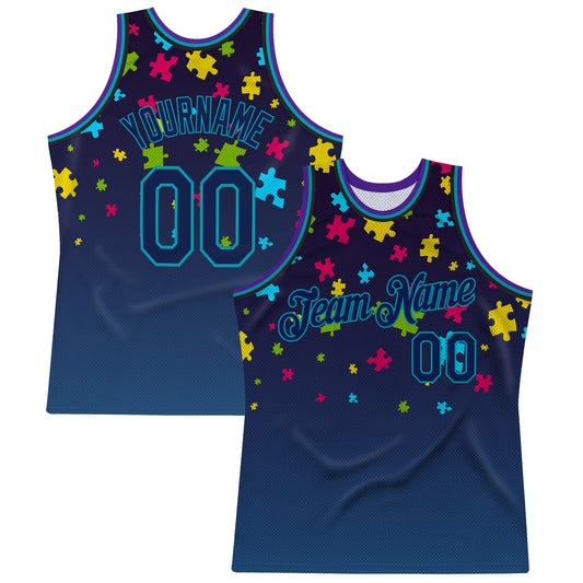Custom Black Navy-Teal 3D Pattern Design Autism Supporter Awareness Puzzle Pieces Authentic Basketball Jersey - Main View