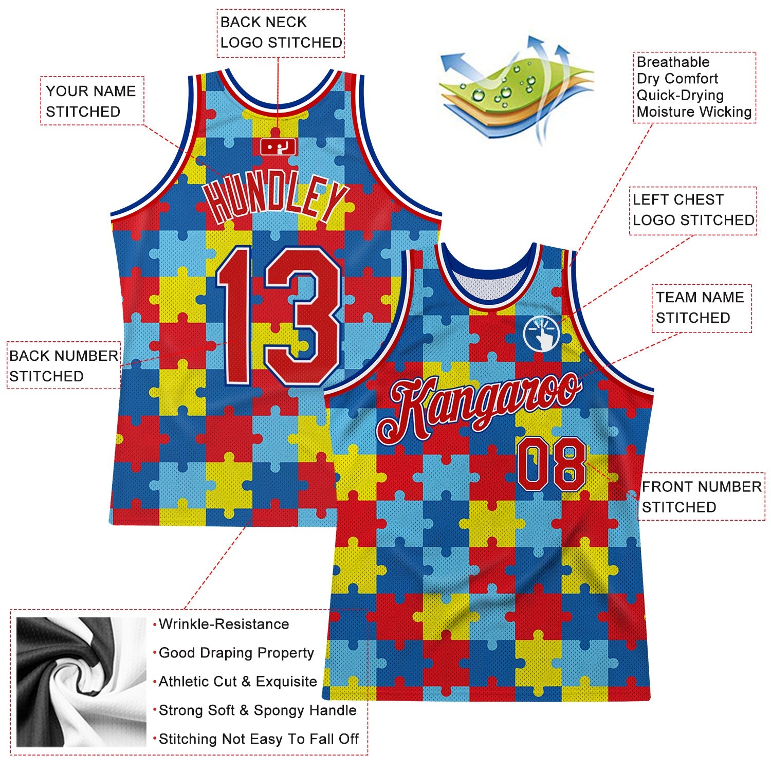 Custom Black Red-Royal 3D Pattern DesignAutism Supporter Awareness Puzzle Pieces Authentic Basketball Jersey view 2