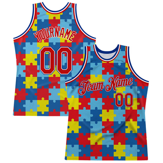 Custom Black Red-Royal 3D Pattern DesignAutism Supporter Awareness Puzzle Pieces Authentic Basketball Jersey - Main View
