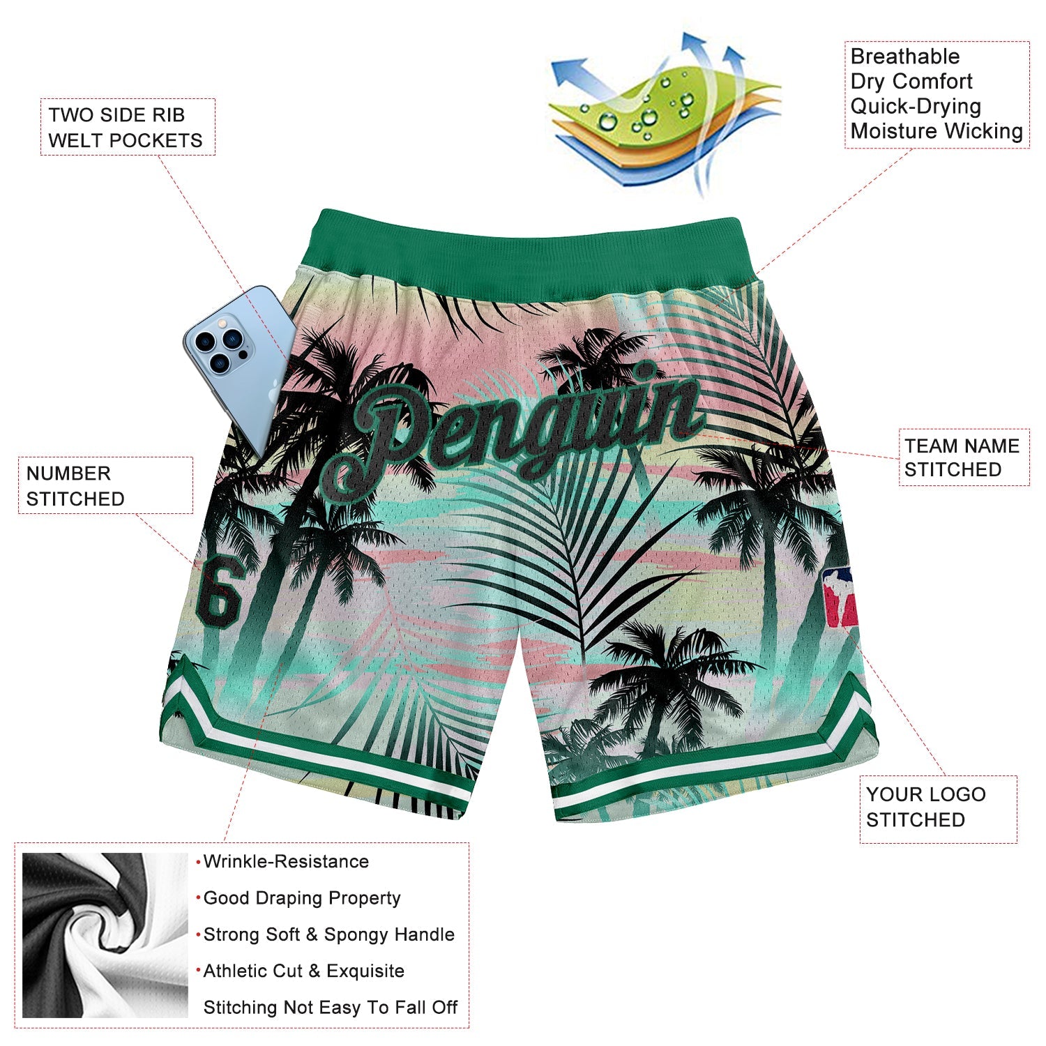 Custom Black Black-Kelly Green 3D Pattern Design Tropical Palm Leaves Authentic Basketball Shorts view 2
