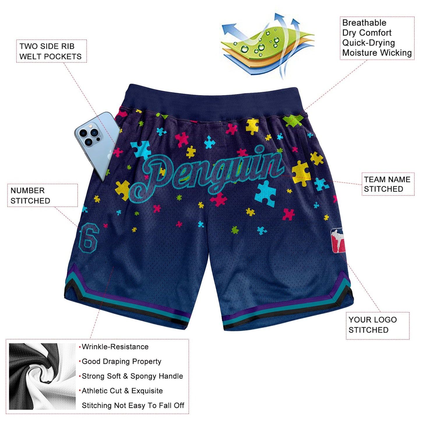 Custom Black Navy-Teal 3D Pattern Design Autism Supporter Awareness Puzzle Pieces Authentic Basketball Shorts view 2