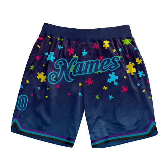 Custom Black Navy-Teal 3D Pattern Design Autism Supporter Awareness Puzzle Pieces Authentic Basketball Shorts - Main View