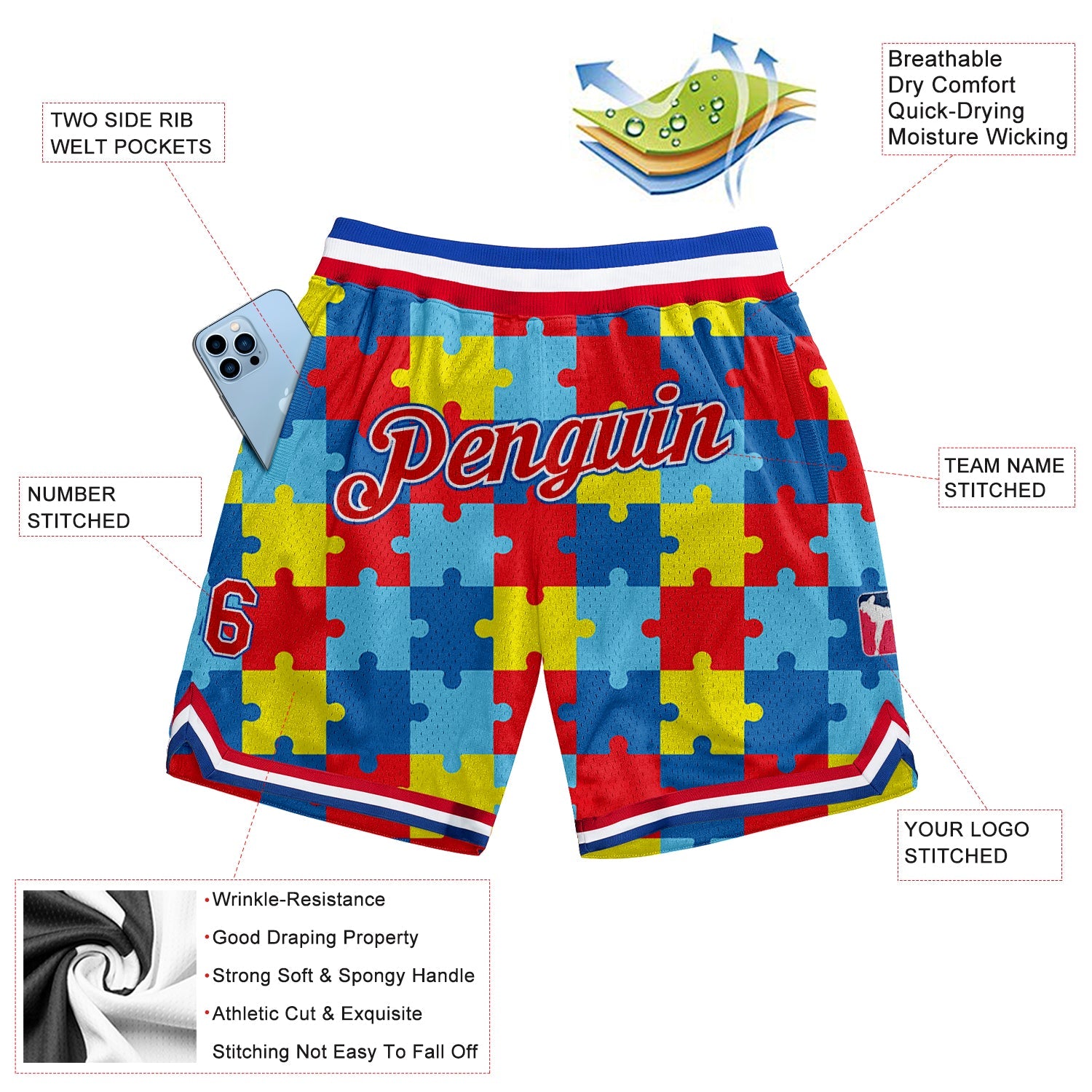 Custom Black Red-Royal 3D Pattern Design Autism Supporter Awareness Puzzle Pieces Authentic Basketball Shorts view 2