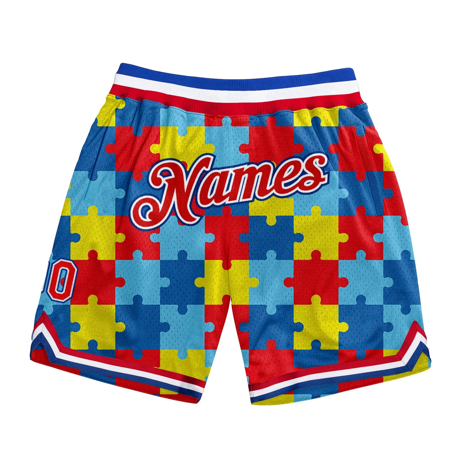 Custom Black Red-Royal 3D Pattern Design Autism Supporter Awareness Puzzle Pieces Authentic Basketball Shorts - Main View
