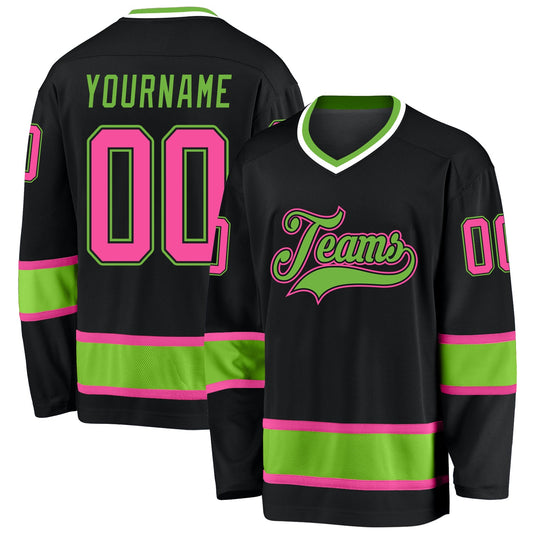 Custom Black Pink-Neon Green Hockey Jersey - Main View