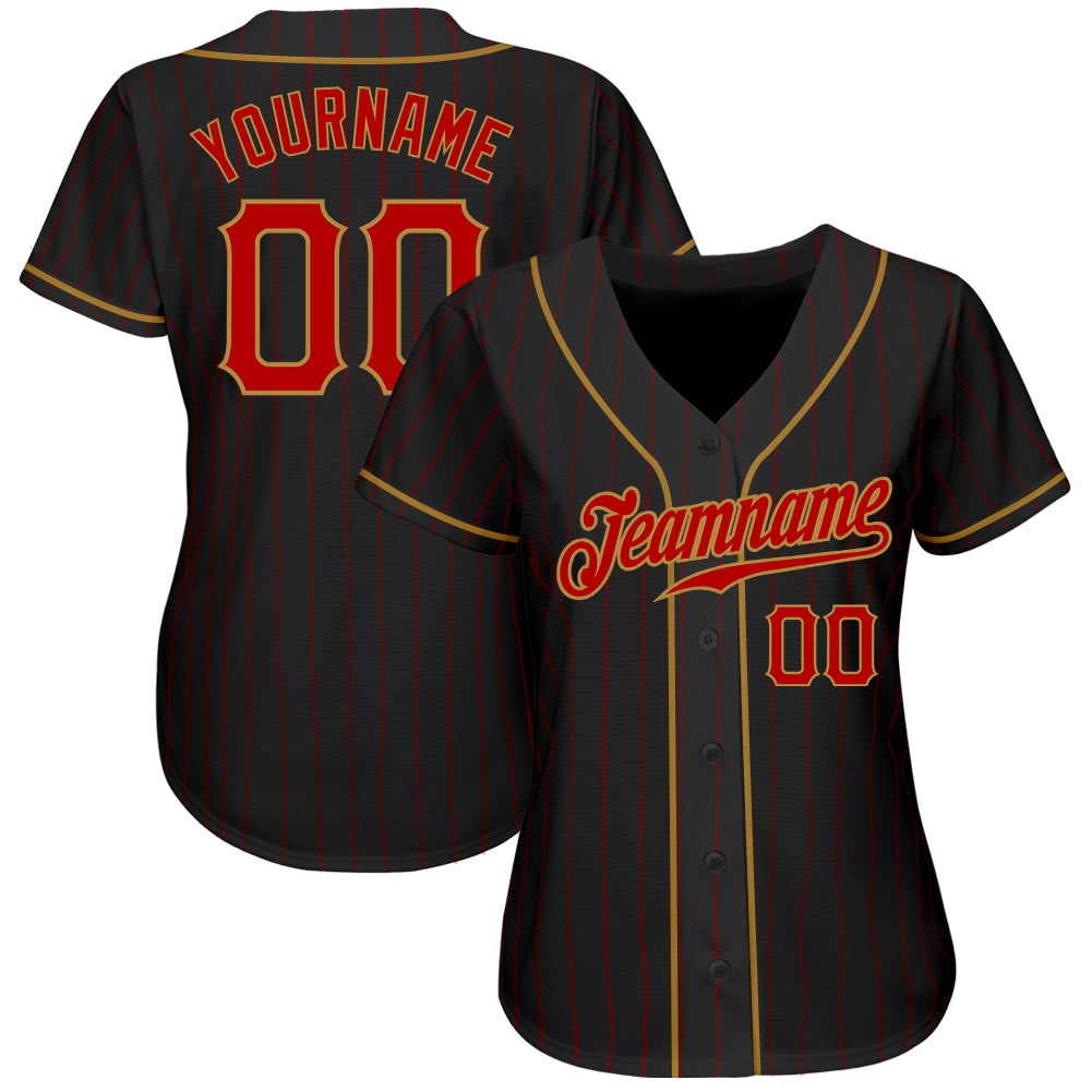 Custom Black Red Pinstripe Red-Old Gold Authentic Baseball Jersey view 2