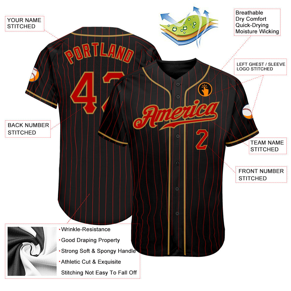 Custom Black Red Pinstripe Red-Old Gold Authentic Baseball Jersey view 3
