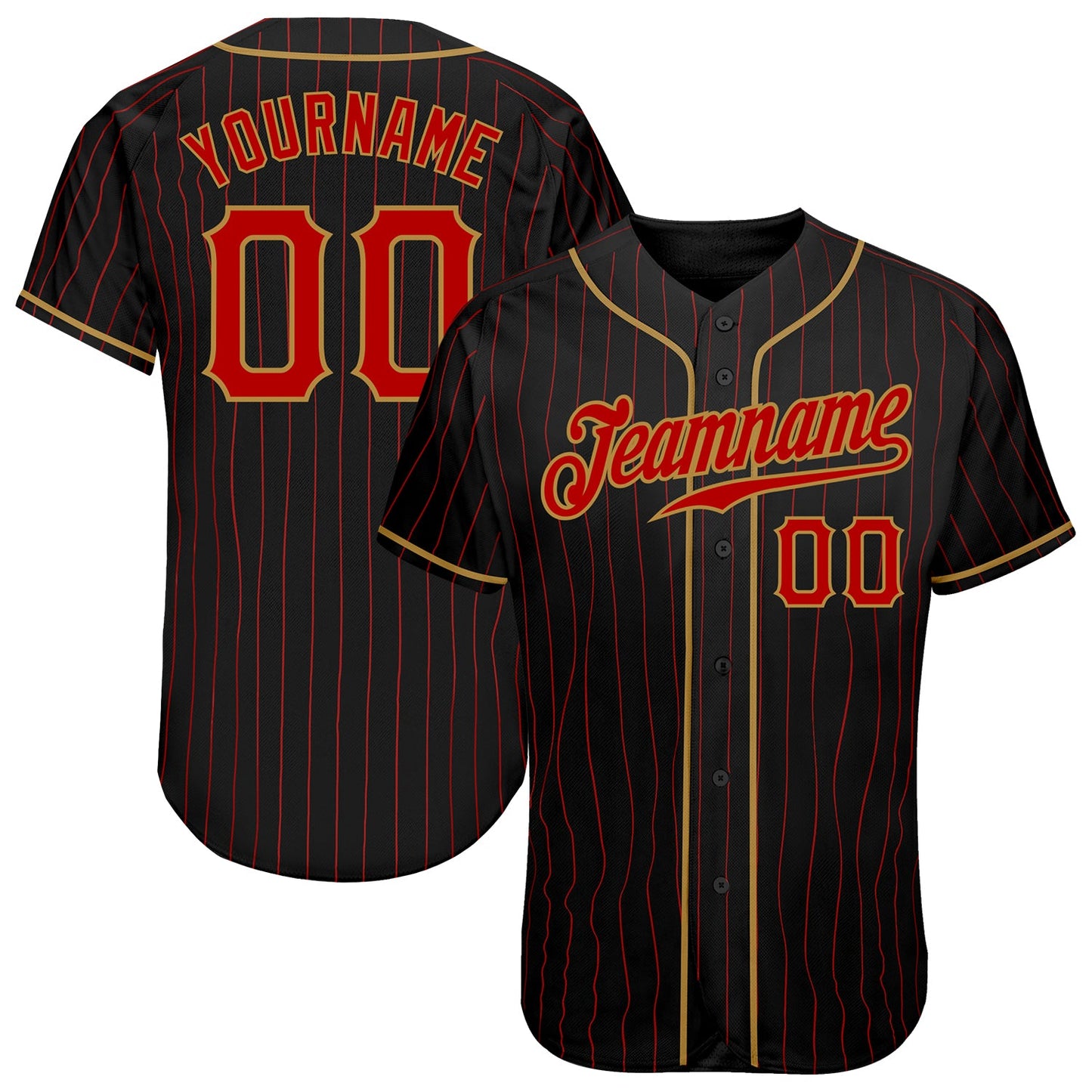 Custom Black Red Pinstripe Red-Old Gold Authentic Baseball Jersey - Main View