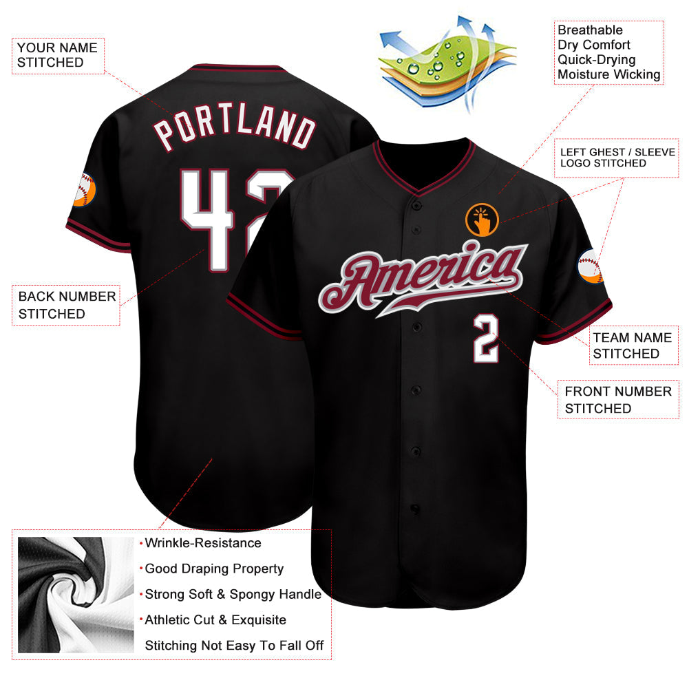 Custom Black White-Crimson Authentic Baseball Jersey view 3