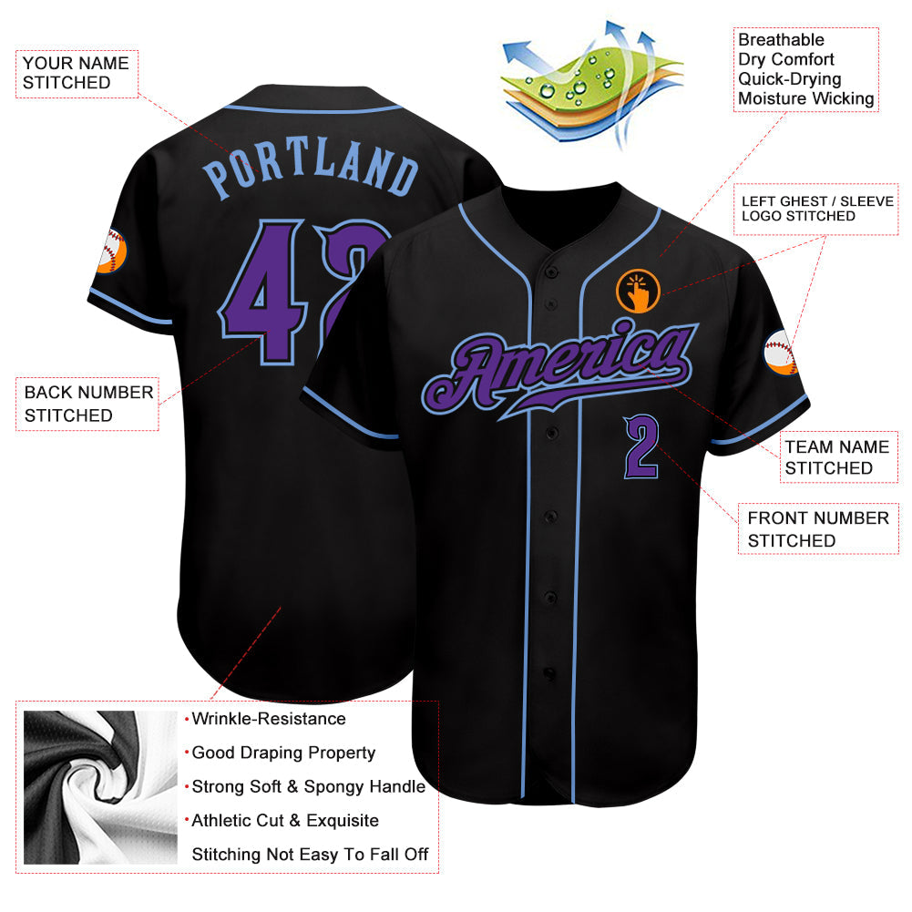 Custom Black Purple-Light Blue Authentic Baseball Jersey view 3