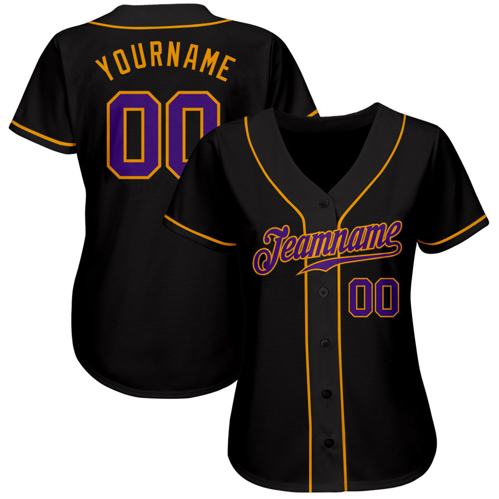 Custom Black Purple-Gold Authentic Baseball Jersey view 2