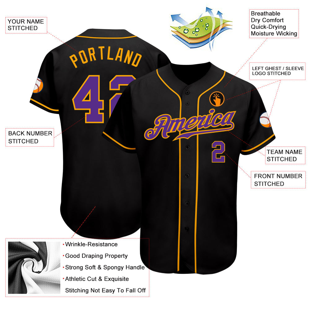 Custom Black Purple-Gold Authentic Baseball Jersey view 3