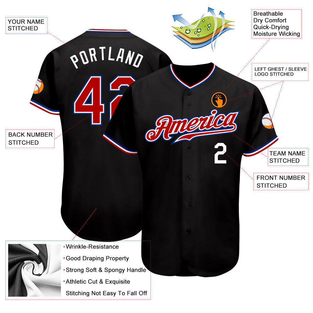 Custom Black Red-Royal Authentic Baseball Jersey view 3