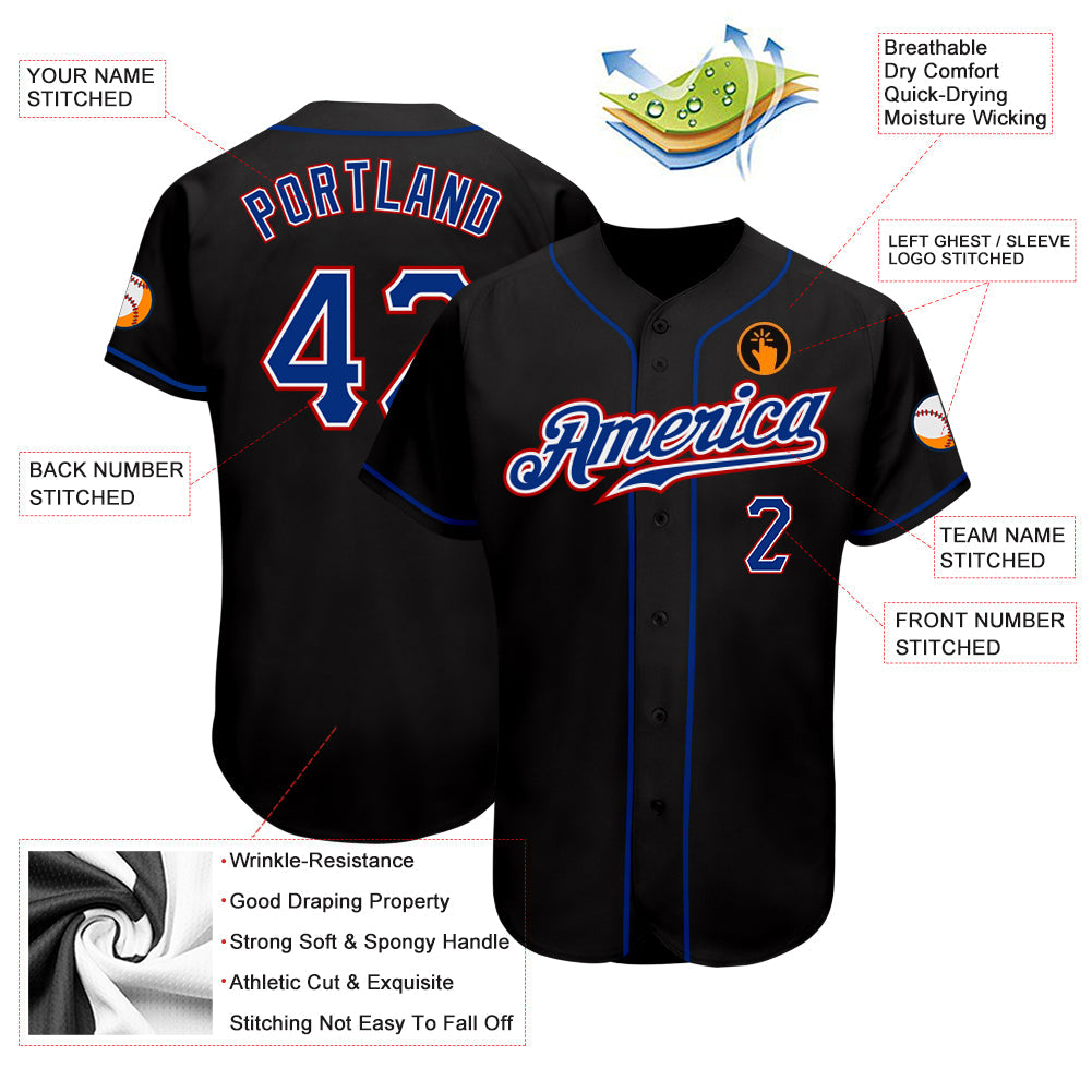 Custom Black Royal-Red Authentic Baseball Jersey view 3