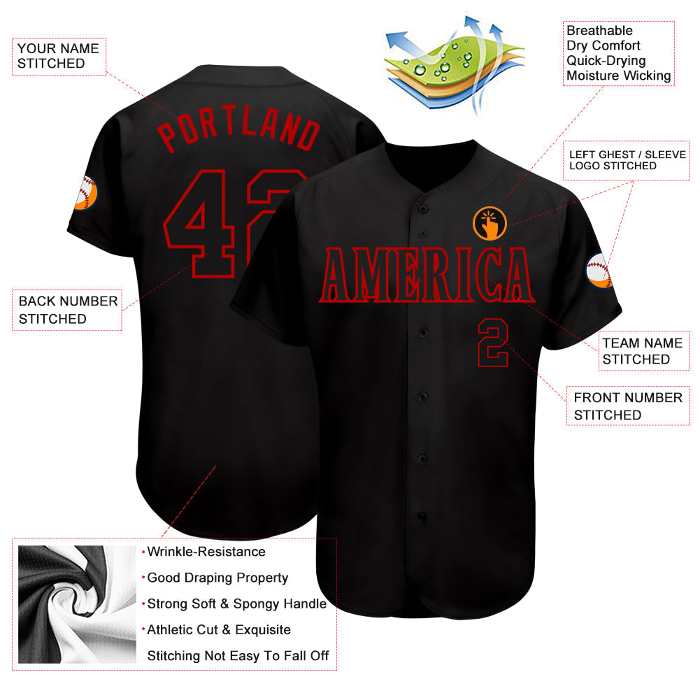 Custom Black Black-Red Authentic Baseball Jersey view 3