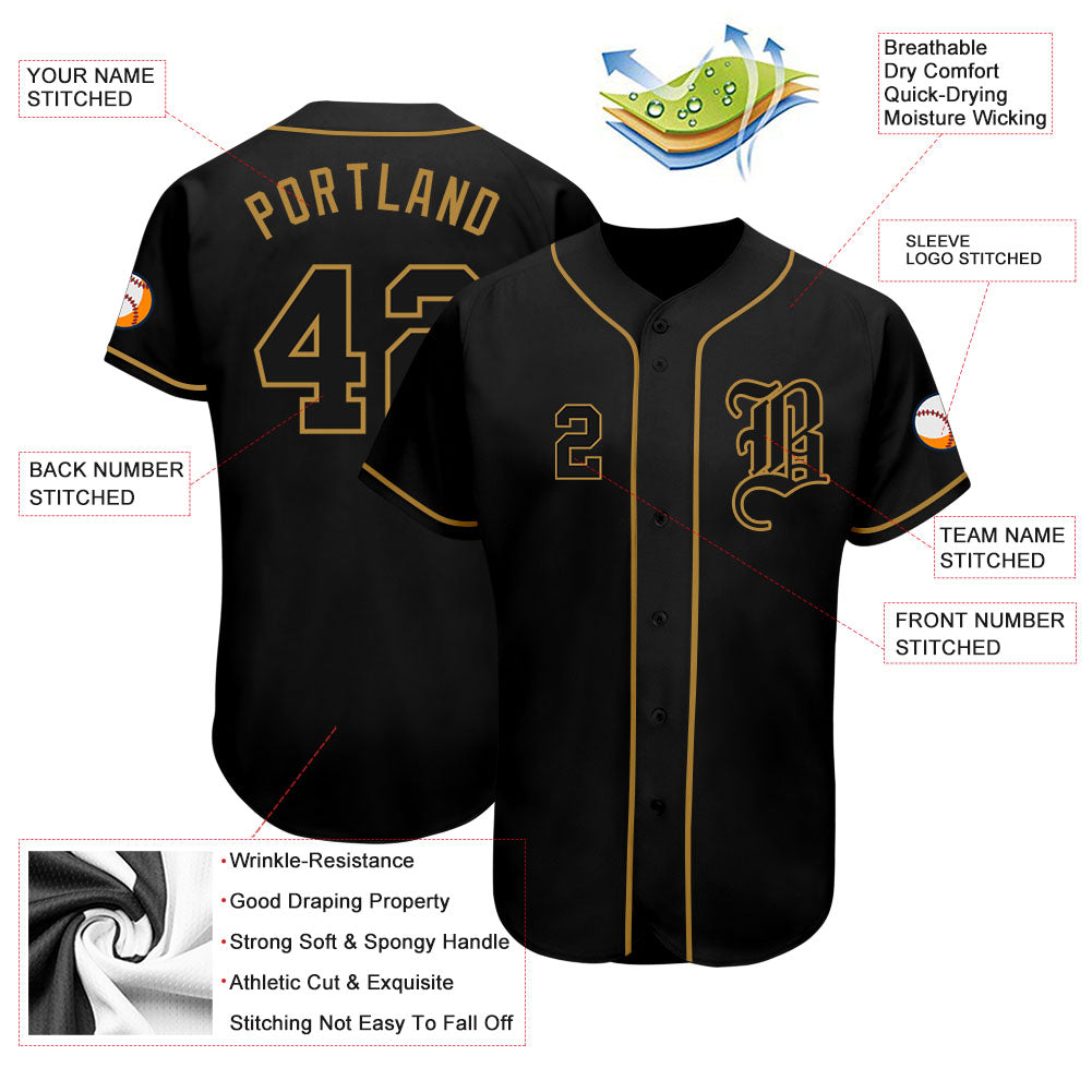 Custom Black Black-Old Gold Authentic Baseball Jersey view 3