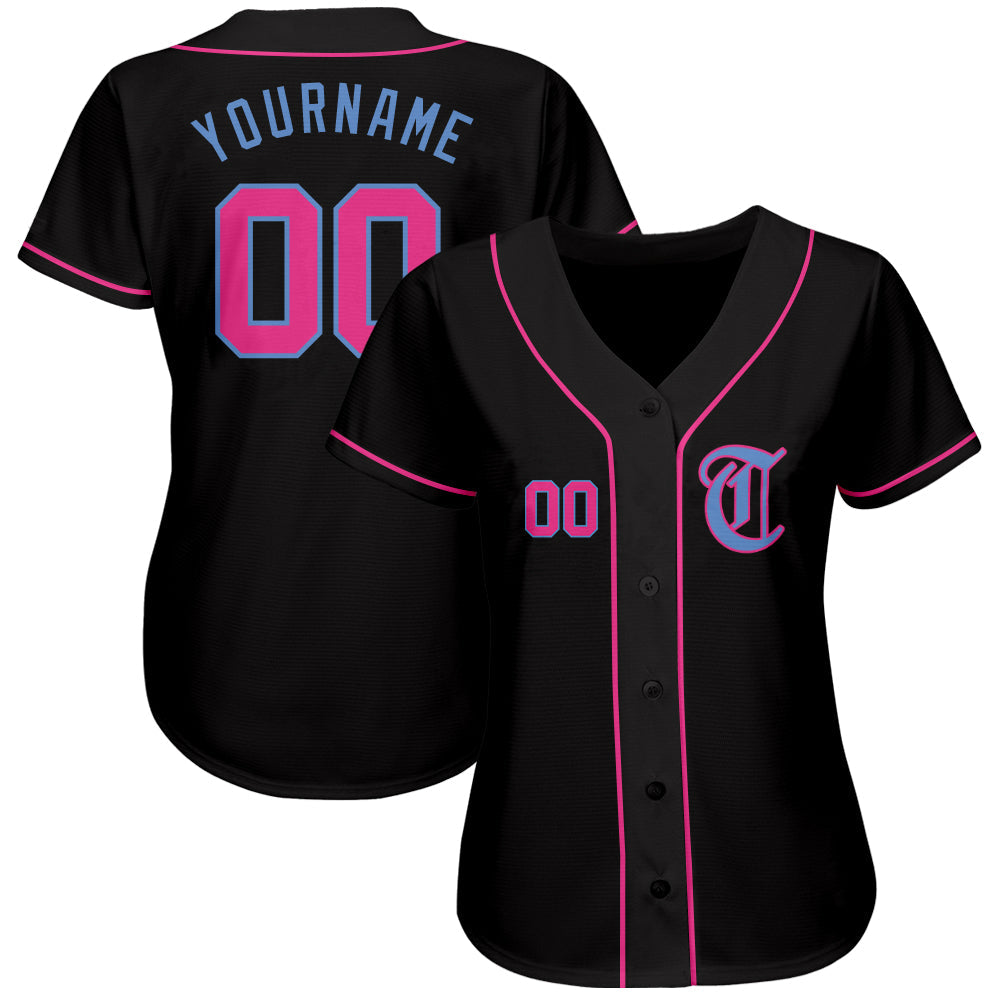 Custom Black Pink-Light Blue Authentic Baseball Jersey view 2