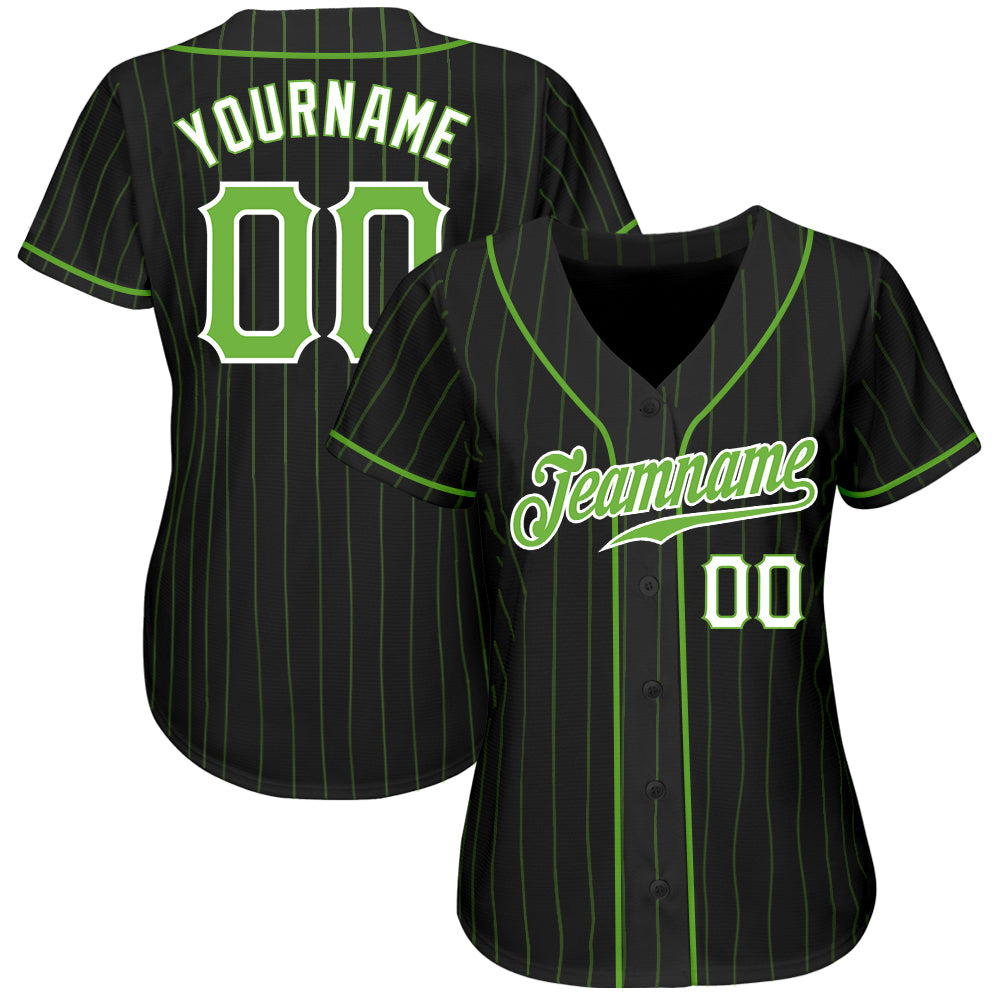 Custom Black Neon Green Pinstripe Neon Green-White Authentic Baseball Jersey view 3