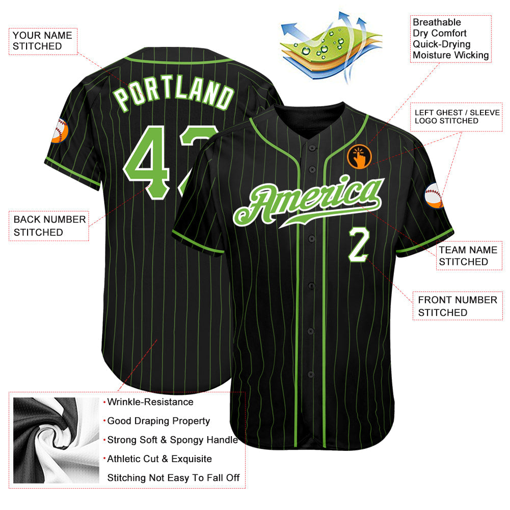 Custom Black Neon Green Pinstripe Neon Green-White Authentic Baseball Jersey view 4