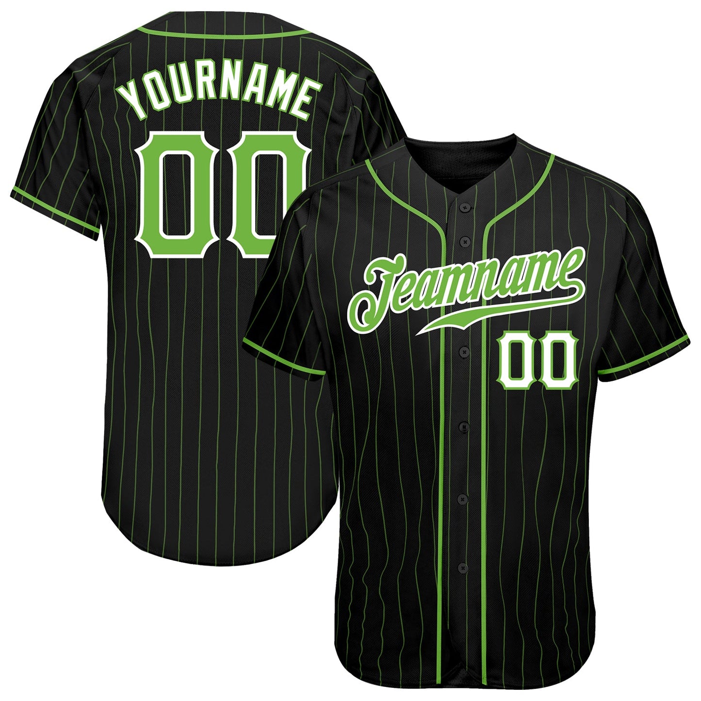 Custom Black Neon Green Pinstripe Neon Green-White Authentic Baseball Jersey - Main View