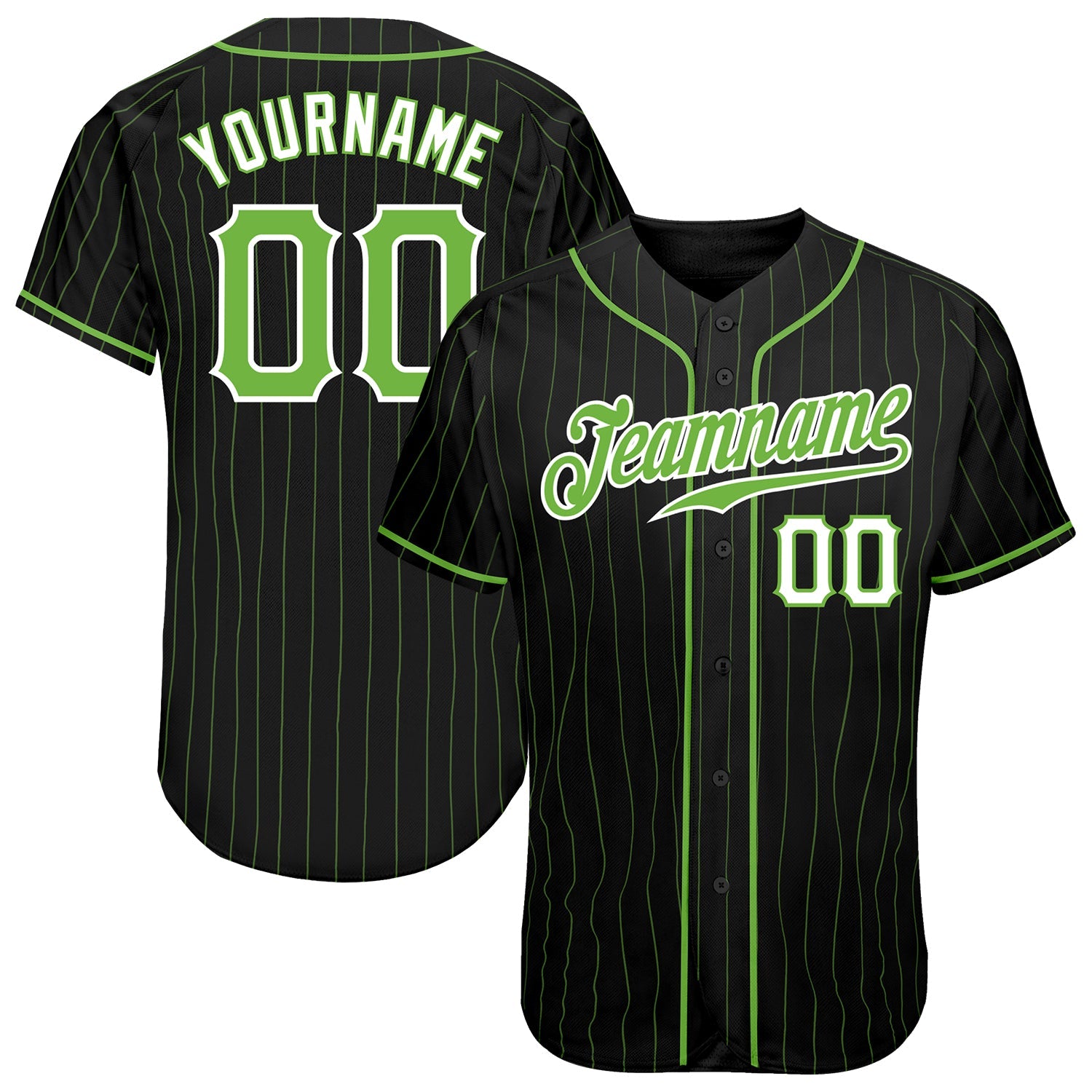 Custom Black Neon Green Pinstripe Neon Green-White Authentic Baseball Jersey - Main View