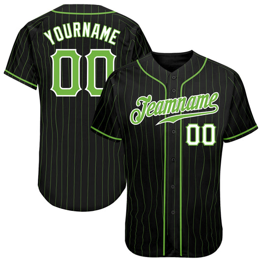 Custom Black Neon Green Pinstripe Neon Green-White Authentic Baseball Jersey - Main View