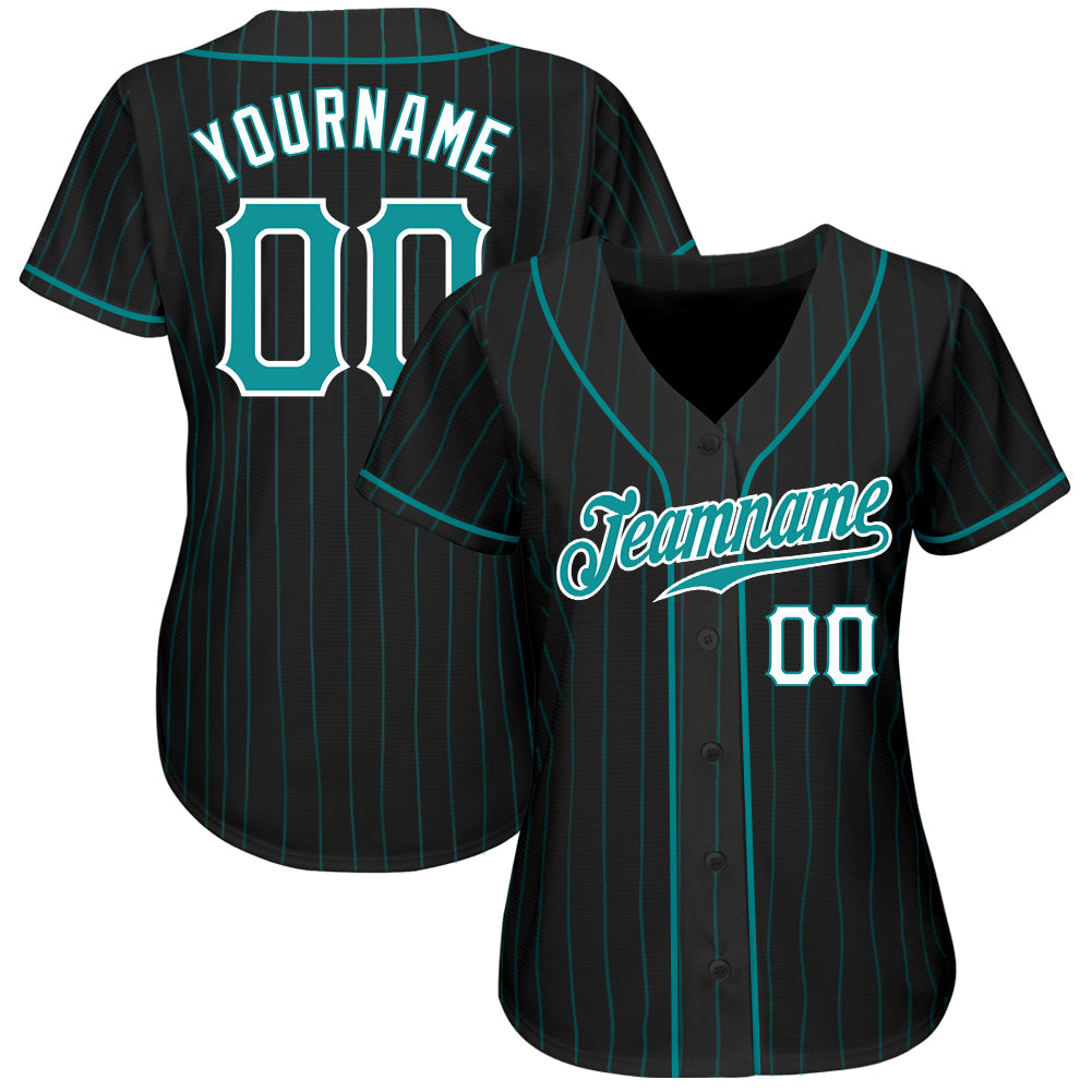 Custom Black Aqua Pinstripe Teal-White Authentic Baseball Jersey view 2