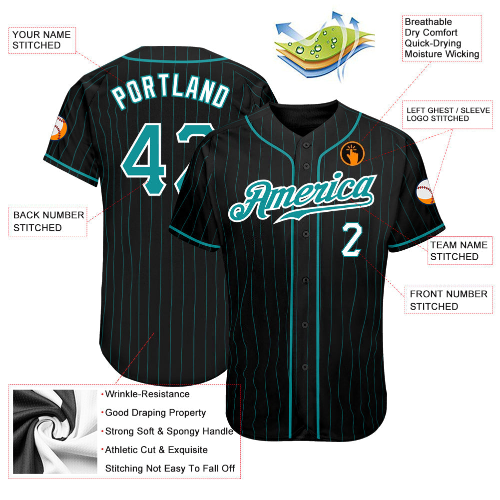 Custom Black Aqua Pinstripe Teal-White Authentic Baseball Jersey view 3