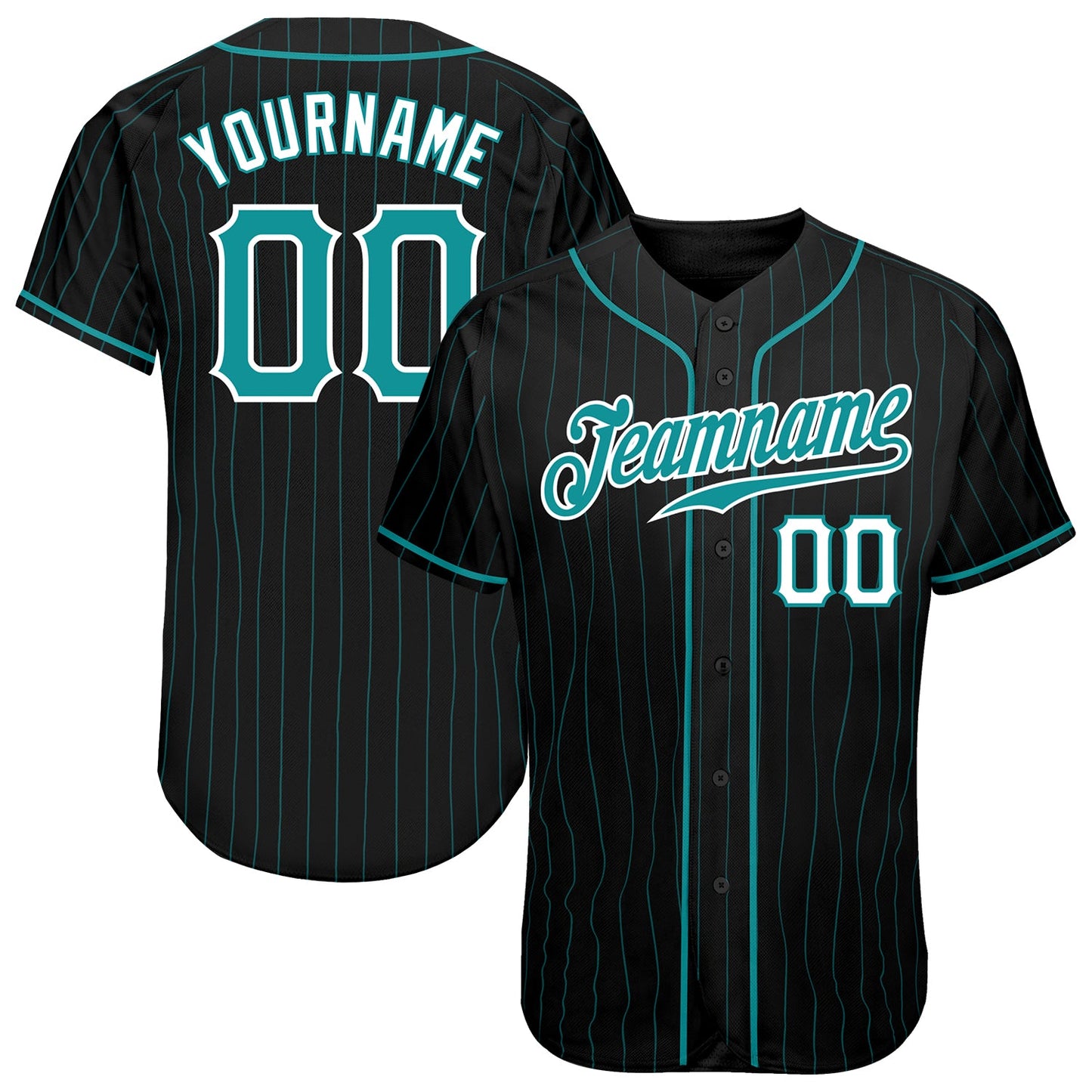 Custom Black Aqua Pinstripe Teal-White Authentic Baseball Jersey - Main View