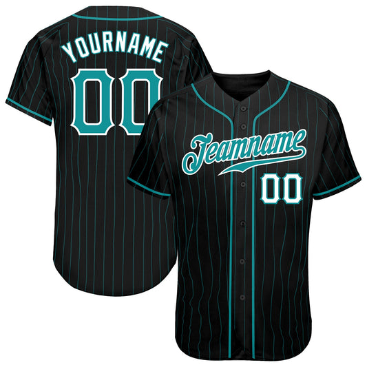 Custom Black Aqua Pinstripe Teal-White Authentic Baseball Jersey - Main View