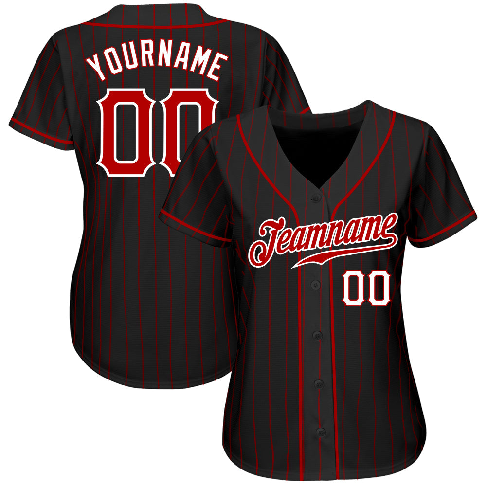 Custom Black Red Pinstripe Red-White Authentic Baseball Jersey view 2