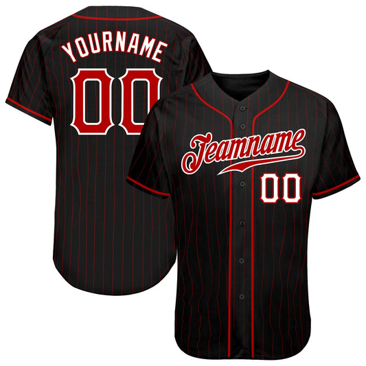 Custom Black Red Pinstripe Red-White Authentic Baseball Jersey - Main View