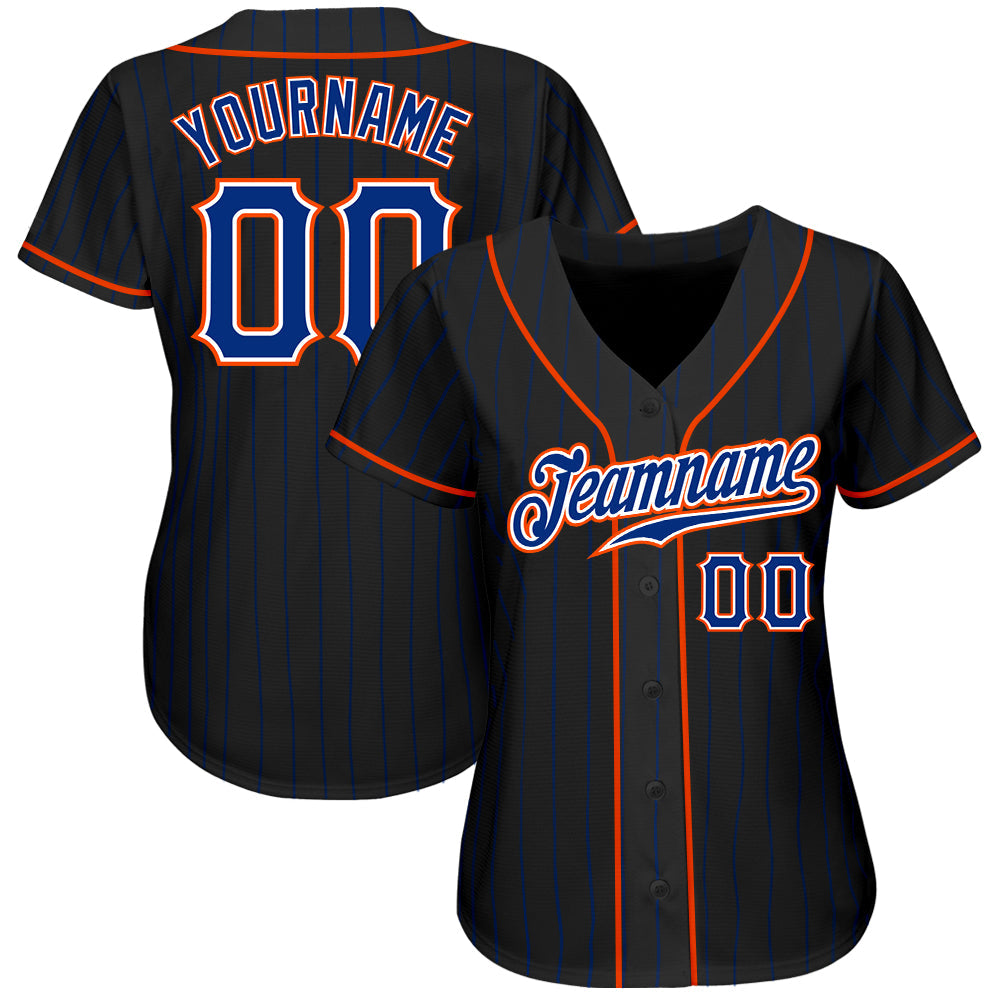 Custom Black Royal Pinstripe Royal-Orange Authentic Baseball Jersey view 2