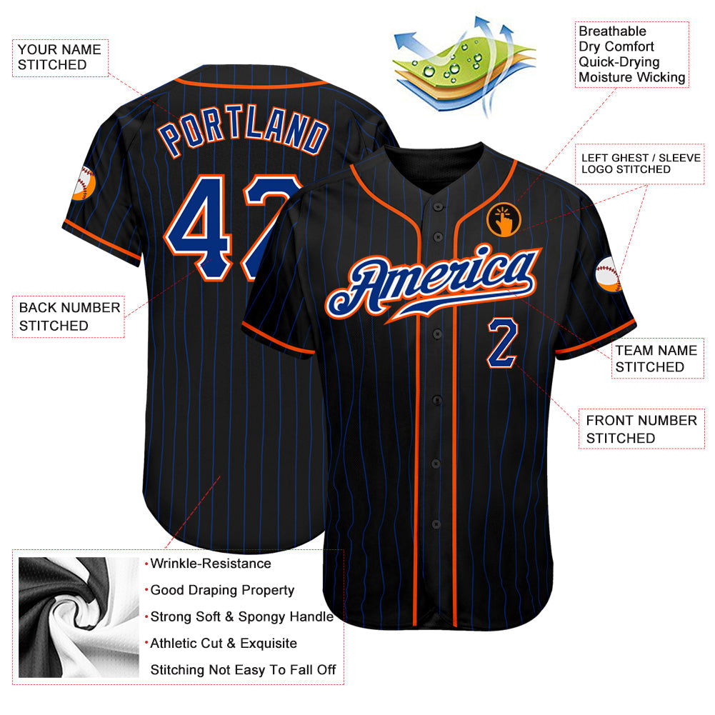 Custom Black Royal Pinstripe Royal-Orange Authentic Baseball Jersey view 3