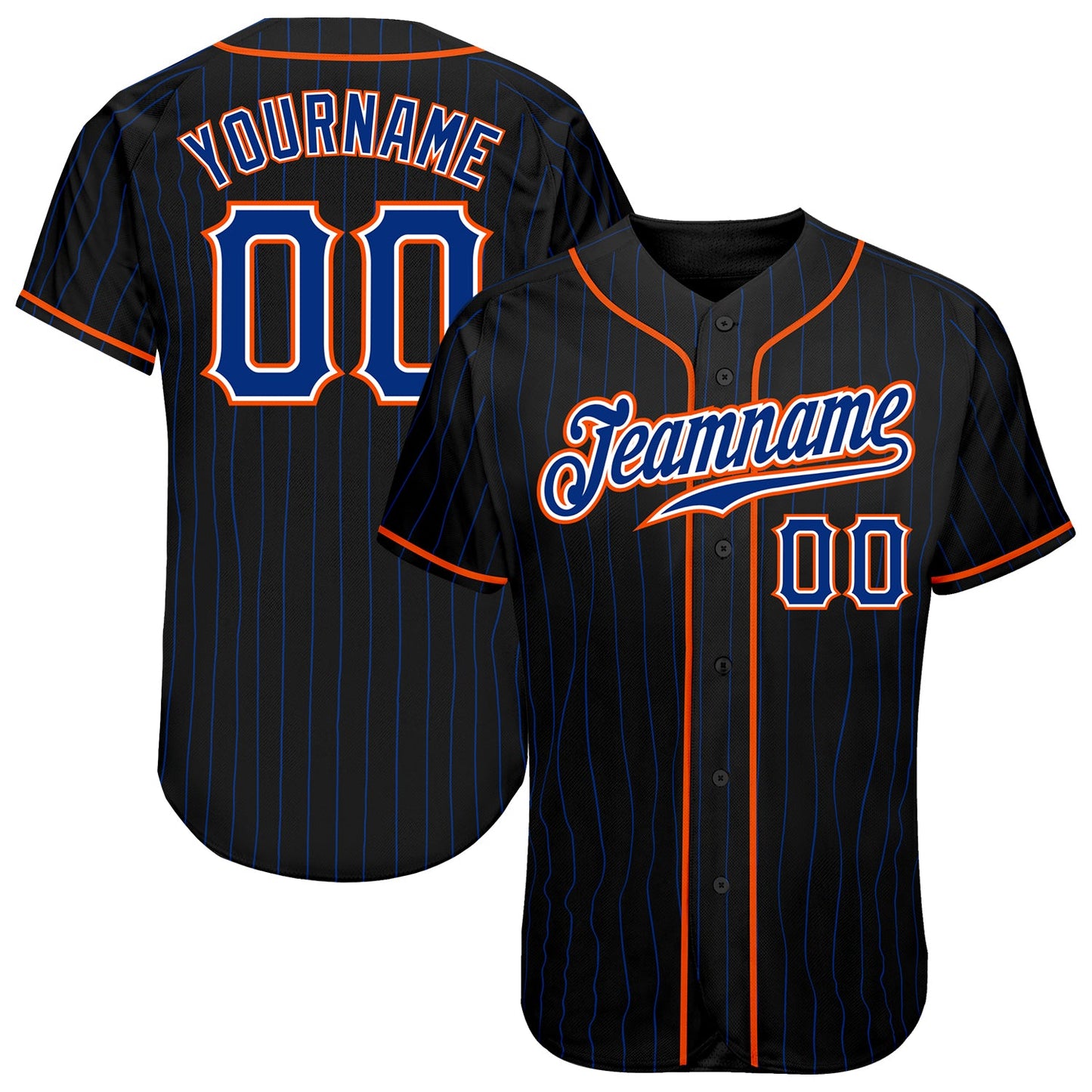 Custom Black Royal Pinstripe Royal-Orange Authentic Baseball Jersey - Main View