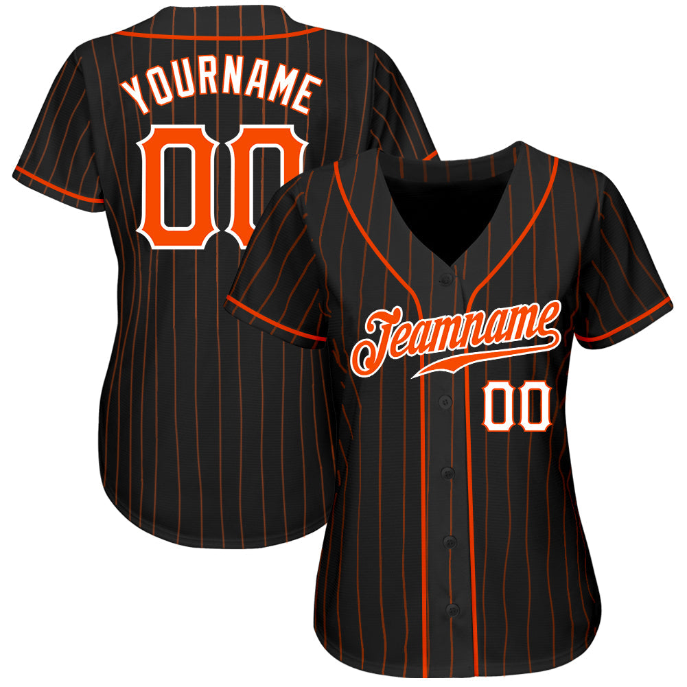 Custom Black Orange Pinstripe Orange-White Authentic Baseball Jersey view 2