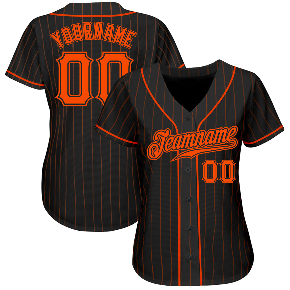 Custom Black Orange Pinstripe Orange-Black Authentic Baseball Jersey view 2