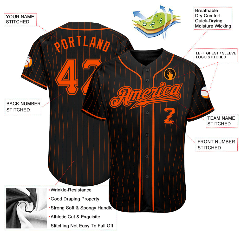 Custom Black Orange Pinstripe Orange-Black Authentic Baseball Jersey view 3